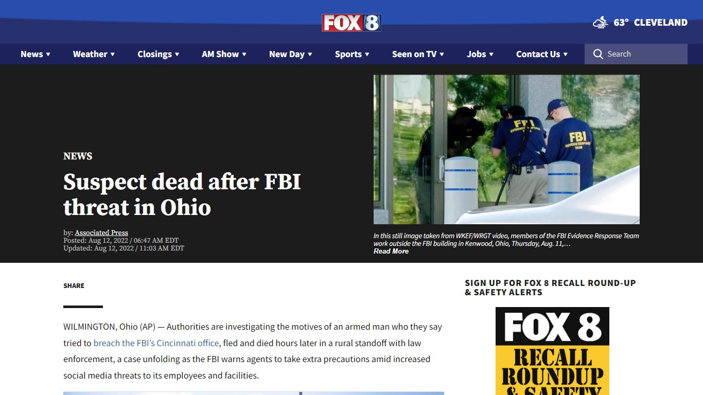 Ohio FBI standoff: Armed man who tried to breach FBI building dead